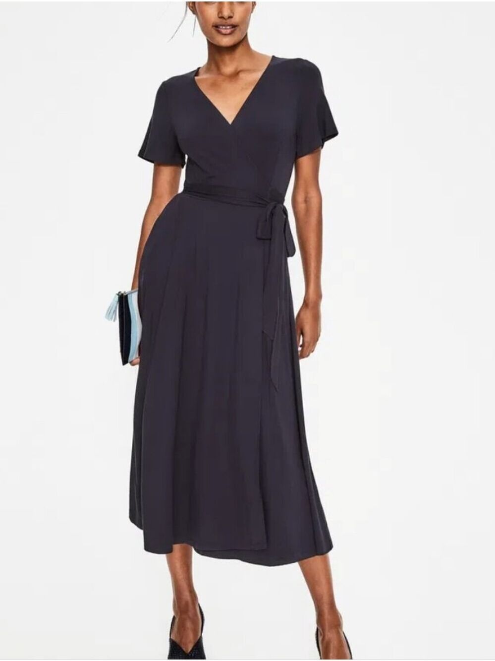 Boden Navy Wrap Midi Dress Size: 6 Cassia Jersey Knit V Neckline J0342